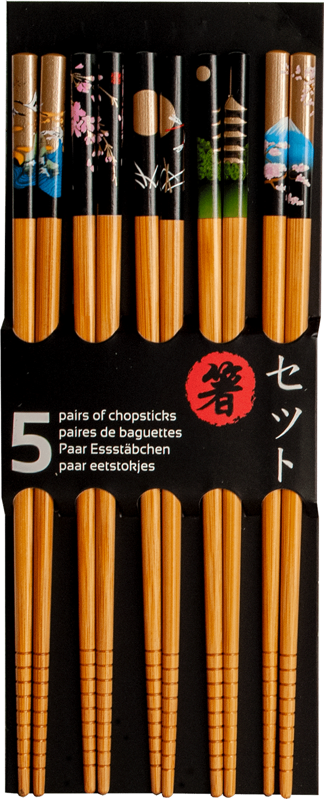 Ätpinnsset i svart och guld med japanskt motiv. Storlek: 22,5 cm.