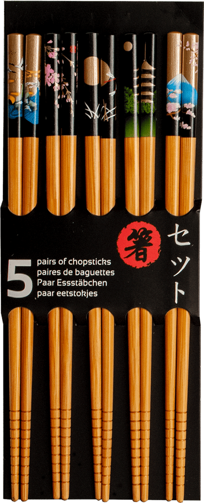 Ätpinnsset i svart och guld med japanskt motiv. Storlek: 22,5 cm.