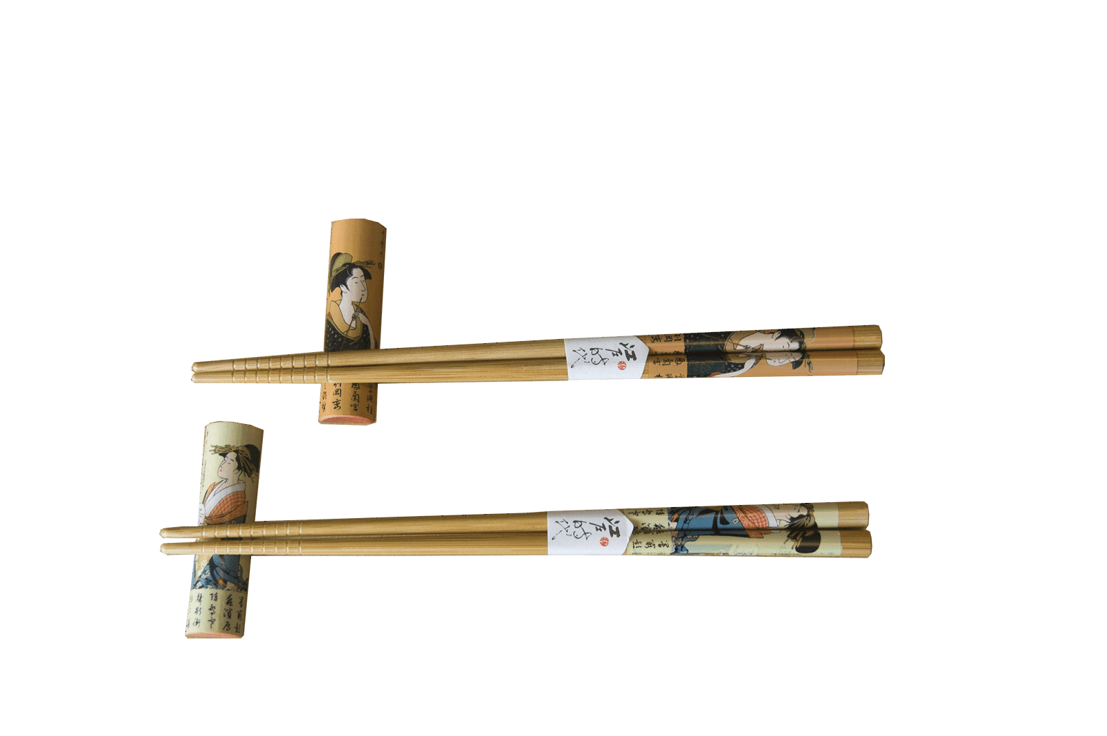 Japanskt ätpinnsset med Geisha-motiv och hållare. Storlek: 22,5 cm.