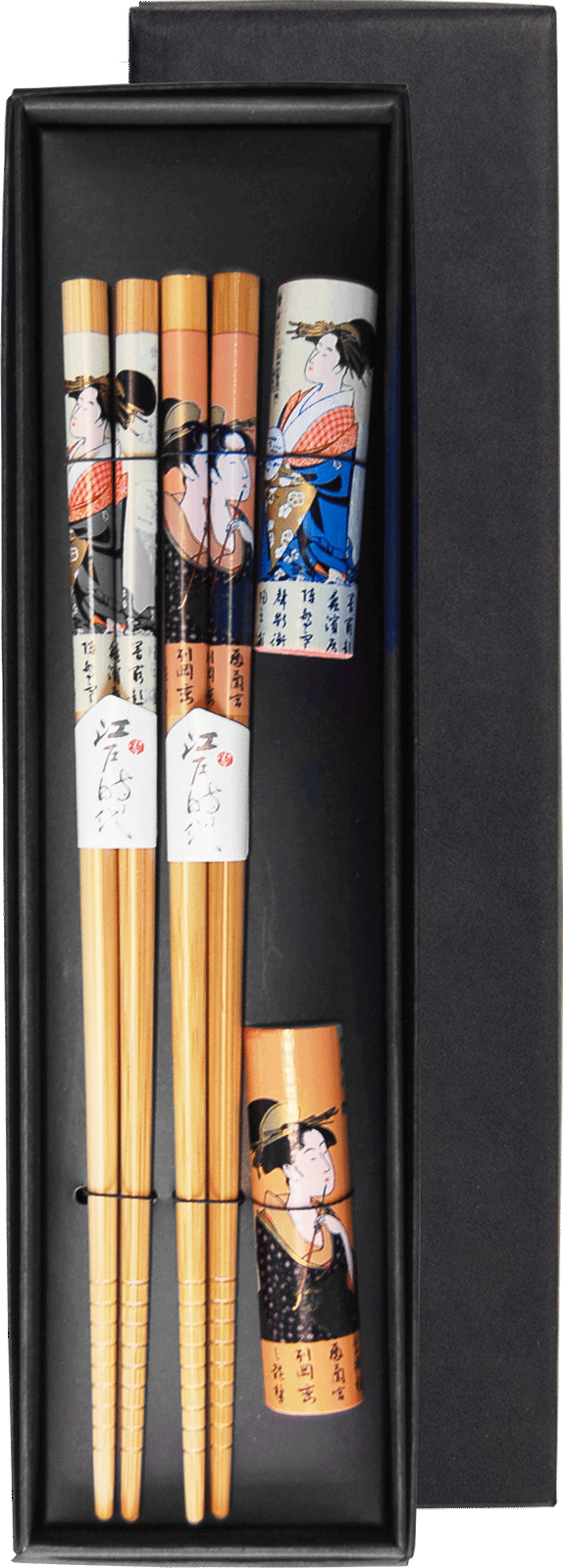 Japanskt ätpinnsset med Geisha-motiv och hållare. Storlek: 22,5 cm.