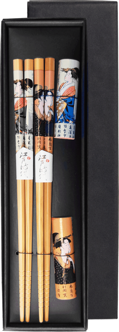 Japanskt ätpinnsset med Geisha-motiv och hållare. Storlek: 22,5 cm.