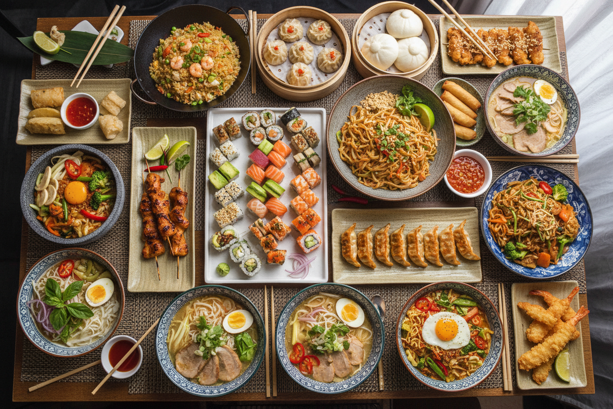en bild med massvis olika asiatisk mat