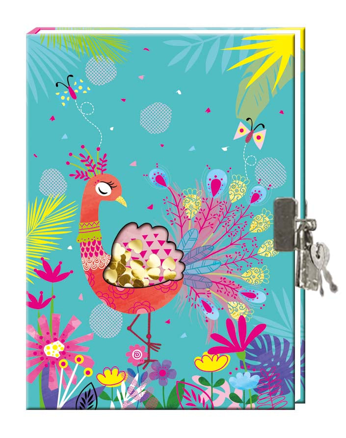 DAGBOK MED LÅS PALJETTFÖNSTER PÅFÅGEL 178 x 133 MM