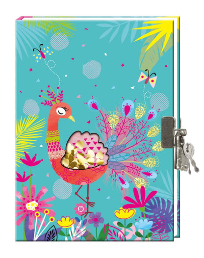 DAGBOK MED LÅS PALJETTFÖNSTER PÅFÅGEL 178 x 133 MM