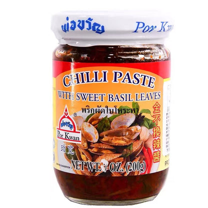 Chilipasta sås med söt basilika 200g, Por Kwan
